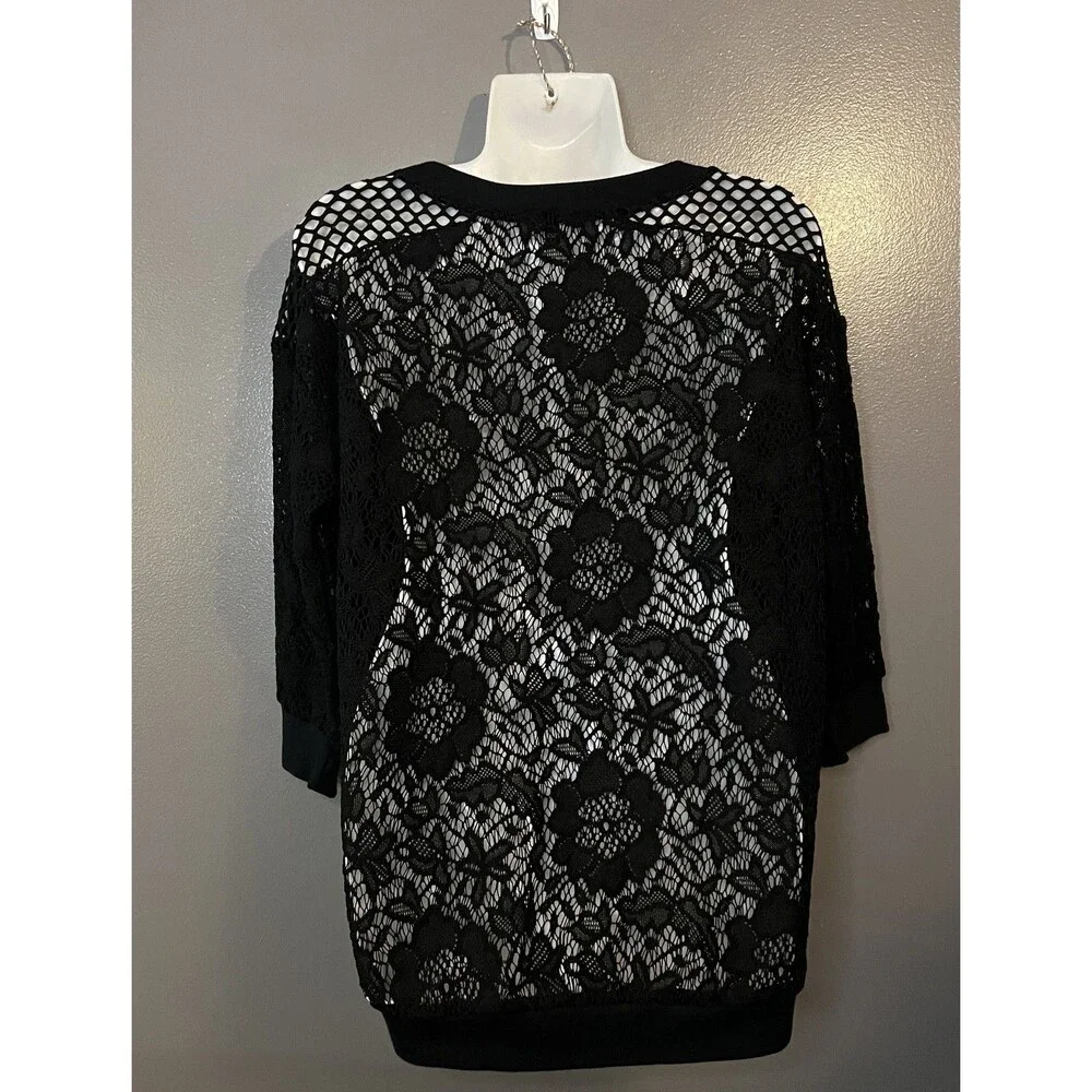 Express Pullover Womens Small Black Sheer Lace Floral Mesh Knit 3/4 Sleeve Top - Picture 4 of 6